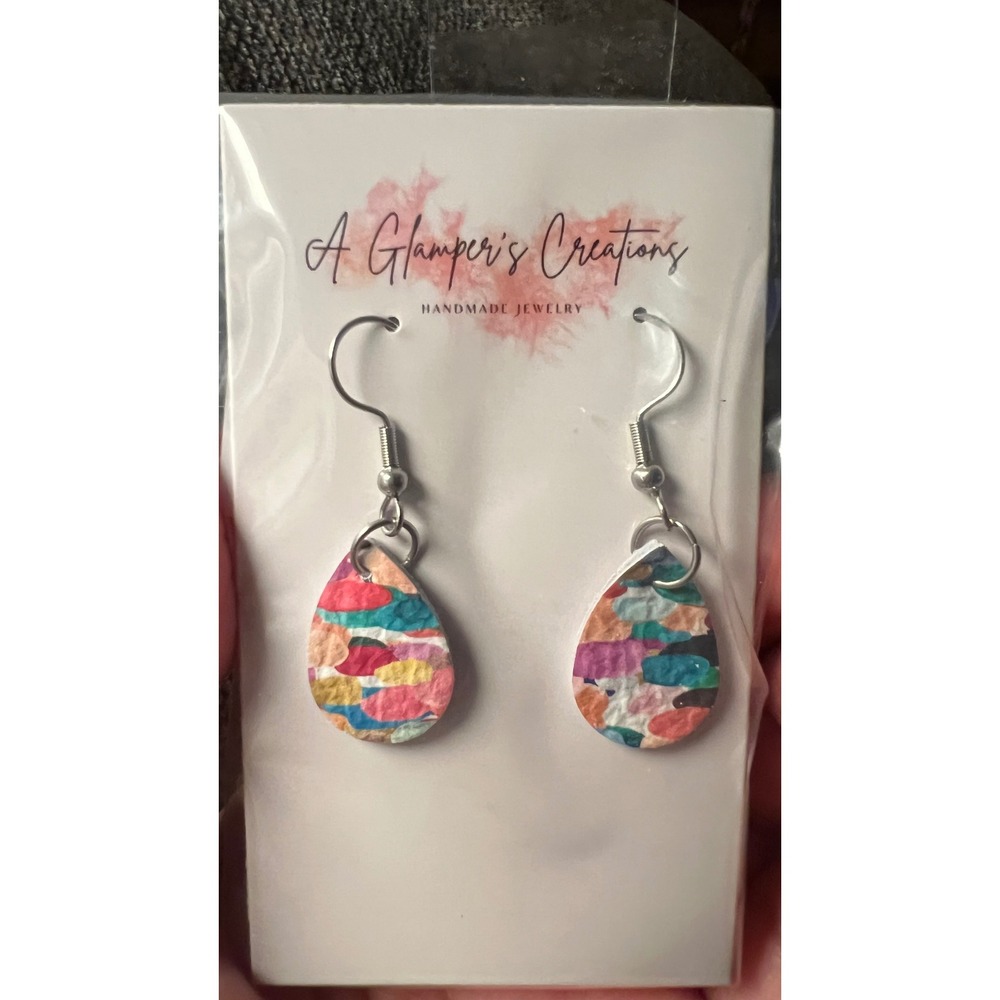 A Glamper's Creations Teardrop Earrings‎ Womens Multi NWT Leather Brushstroke